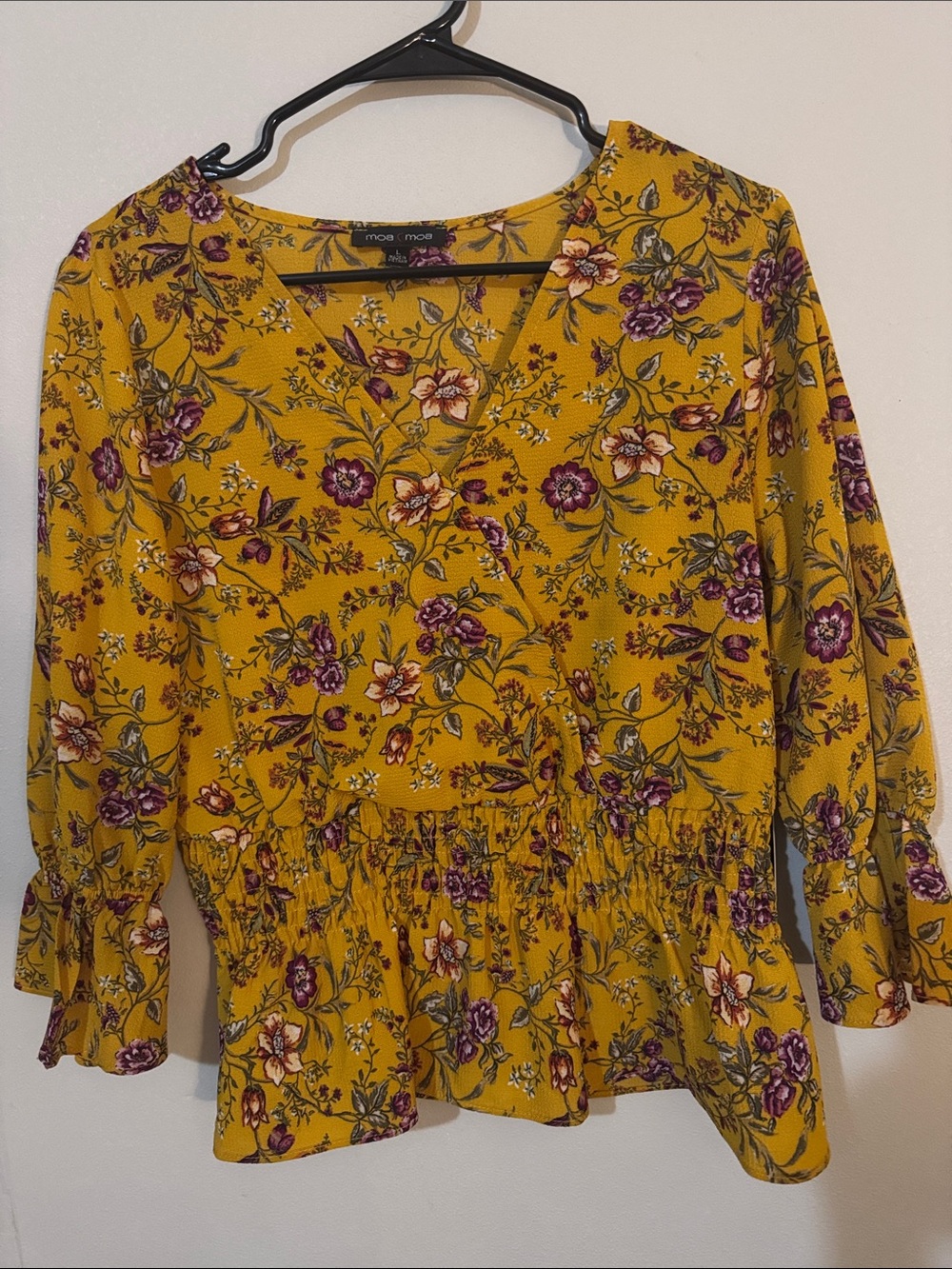 Moa Moa Yellow Floral Wrap Peplum Blouse